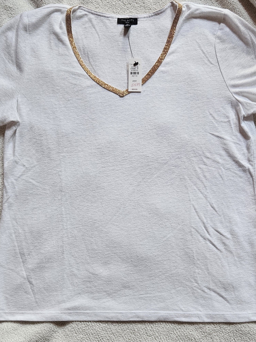 Talbots White Short-Sleeve V-Neck Top with Gold Trim